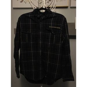 Harley Davidson Men's Blue Black Tan Plaid Long Sleeve Logo Shirt Medium